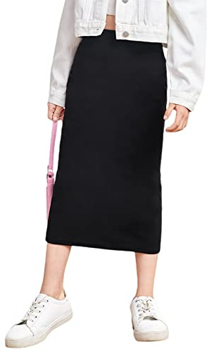Milumia Girl's Casual High Waist Long Pencil Skirt Comfy Plain Straight Skirts Black 13-14 Years