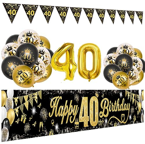 40 Geburtstag Dekoration Mann Frau, Schwarzes Gold 40. Geburtstags Deko, Happy 40th Birthday Banner, Zahl 40 Luftballons, Schwarzes Gold Konfetti Luftballons, Feuerwerk Dreieckiges Flaggenbanner