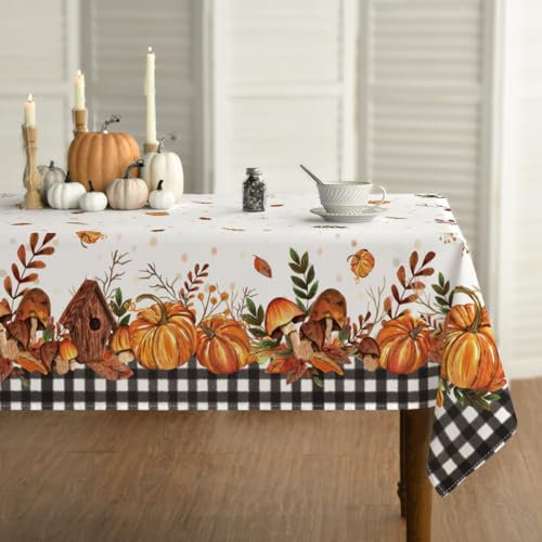 Horaldaily Herbst Tischwäsche 140x220 cm Rechteckig, Erntedankfest Herbsternte Kürbis Schwarze Karierte Tischdecke für Party Picknick Abendessen Dekor