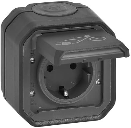 LEGRAND, Plexo New Feuchtraum-Steckdose, Aufladen v. Elektrofahrrädern & Elektrozweirädern, Schuko-Standard, autom. Anschl., inkl. Klappdeckel + Fahrrad-Markierung, 250V, 16A, Anthrazit, 069784L