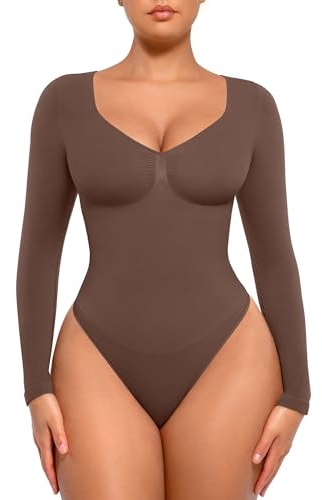 FeelinGirl Slimming Bodysuit for Women Tummy Control Thong with V Neck Seamless Shaping Body Suits Chocolate XS