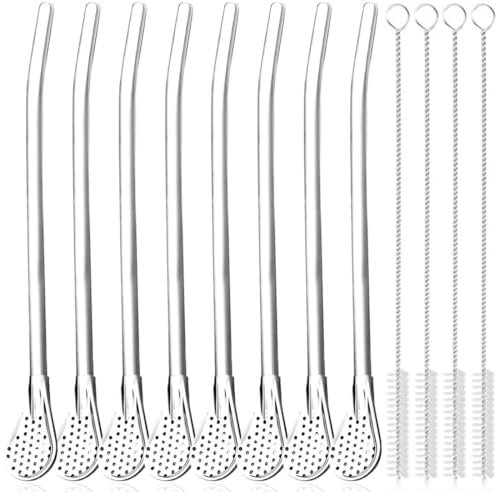 Clyhon 8 Stück Edelstahl Trinkhalm Trinkhalmlöffel lang Löffelstrohhalme Wiederverwendbare Löffelhalme Metalllöffel mit 4 Stück Strohhalm Reinigungsbürste für Smoothies, Milchshakes, Cocktail, Kaffee