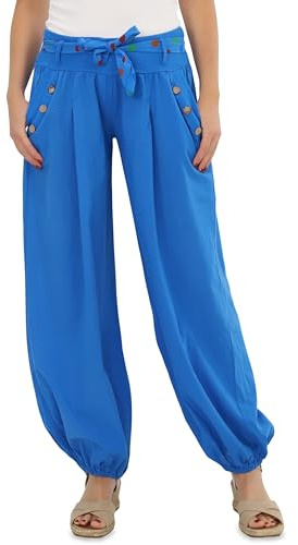 Malito 3417 - Pantalones bombachos para mujer en colores lisos | Pantalones ligeros de tela | Pantalones de playa | Pantalones harén informales, azul, 36-42