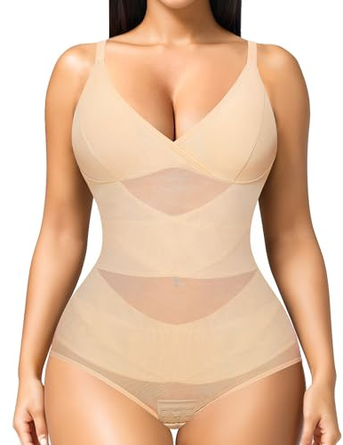 Junlan Shapewear Bodysuit for Women Seamless Body Shaper Tummy Control Waist Trainer Vest Shaping Leotard Tops (Beige,XL)