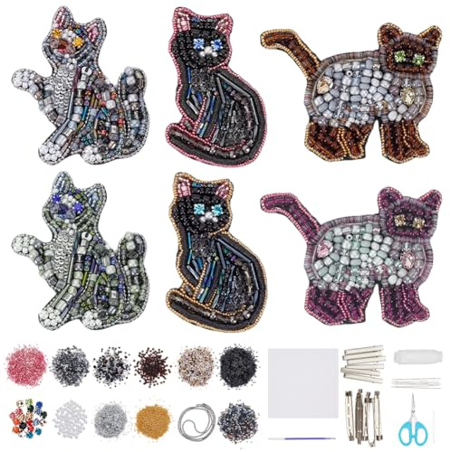WEBEEDY 6 Styles DIY Cute Cat Beaded Patch Kit Black Cat Brooch Pin Hair Barrette Making kit Handmade Sequin Rhinestones Bead Embroidery Kit Patches Sew on DIY Decorative Patches for Clothes Bags