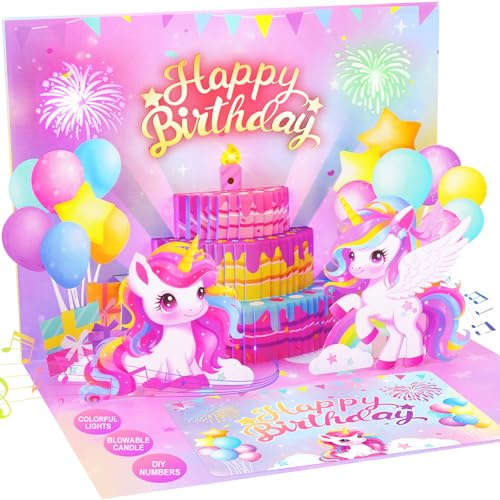 Pop Up Birthday Cards Music & Blowable Candle Light & Fireworks, Pop-up Cards 3D Pop Up Cards Greeting Card Happy Birthday Gifts for Girls Women Daughter Sister Kids 0-9 DIY Number Celebration
