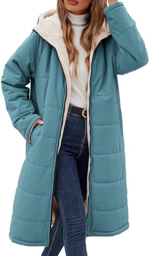 Vancavoo Women's Coats Long Winter Jackets Fleece Puffer Coat Warm Fleece Lined Thick Overcoat Full Zip Hooded Reversible Outerwear,Dark Blue,L