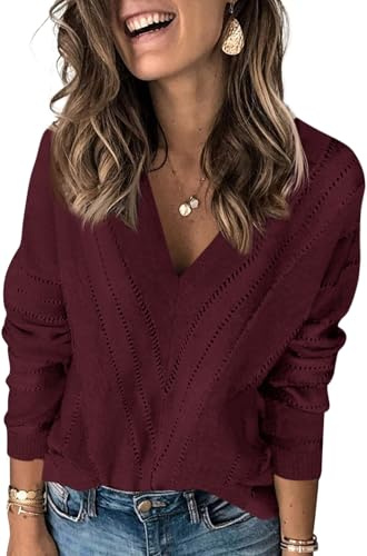 Fisoew Femme Pull en tricot Oversized Col en V Pull tricoté à rayures Manches longues Découpé Pull Sweat, rouge bordeaux, L
