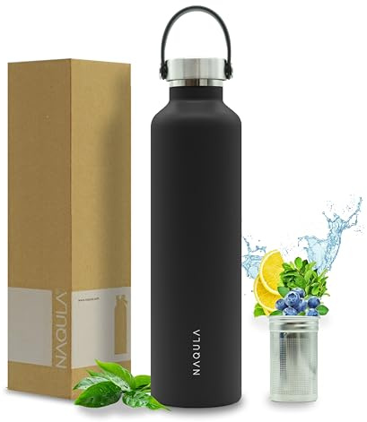 NAQULA® Thermosflasche 1000 ml mit Tragegriff und abnehmbarem Sieb f Tee od Früchte. Edelstahl Trinkflasche auslaufsicher, kohlensäurehaltige Getränke geeignet, Isolierflasche heiß und kalt. (Schwarz)