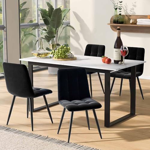 Aunvla Matgrupp, set 140/180 × 80 × 75 cm matbord med 4 stolar), modernt köksbordsset, svart sammet matstolar, MDF-bordsskiva i vitt, svarta bordsben