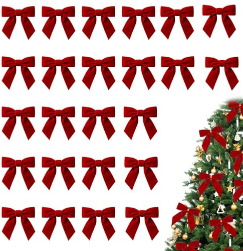 EujRcf 24 Pcs Red Velvet Bows with Twist Ties, Christmas Tree Bows, 8cm Soft Luxurious Velvet Bow for Christmas Tree Decorations, Gift Wrapping, Xmas Wreath Ornament and Crafts (Red)