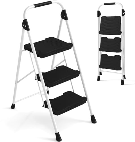 HOMFME 2/3 Step Ladder, 265kg Capacity Folding Metal Step Tool with Anti-Slip Pedals, Safety Lock, Handrail, Lightweight Portable Tread Stepladder for Household Garage Shop (3 Step)