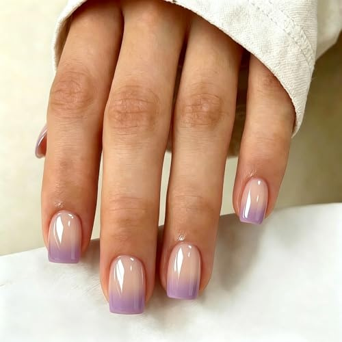 KQueenest Chrome Ombré Lilac Press on Nails Kurz Eckig, Glänzend Glitzer Nägel zum Aufkleben Kurz, Glasiert Niedlich Fake Nails mit Sparkle Spiegel Design, French Nails Künstliche Nägel 30 Stück