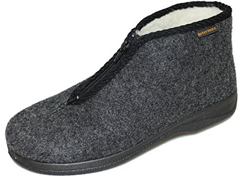 Intermax Pantofole da uomo, con chiusura lampo, foderate con lana vergine e rivestite in feltro, di colore antracite, Nero (antracite.), 42 EU