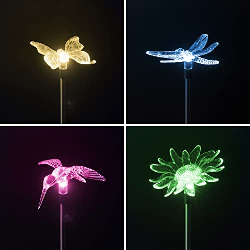 Bonetti 4er Set LED Solar Gartenstecker - Solarstecker mit Farbwechsel (Schmetterling, Libelle, Blume, Kolibri) Solarleuchte Dekoleuchte solar Figur