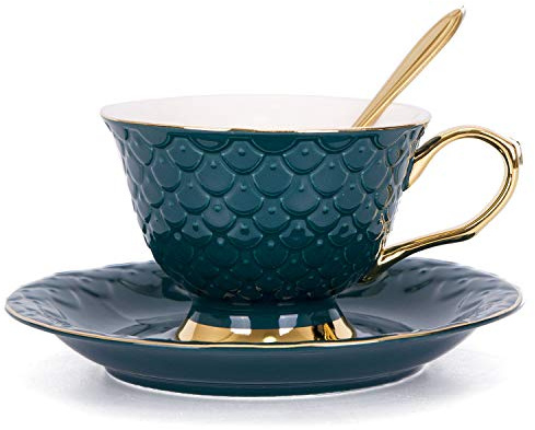 VanEnjoy Green Vintage 8 Ounces Porcelain Coffee Cup,Tea Cup and Saucer Set and Saucer with Decorative Scale Pattern, Vintage
