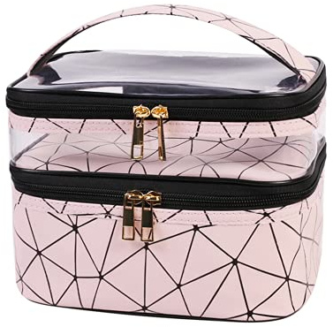 BAYINBROOK Borsa per il trucco portatile a doppio strato Borsa da toilette impermeabile Borsa da viaggio per cosmetici di grande capacità Custodia da trucco con scomparto per pennelli (Rosa 4)