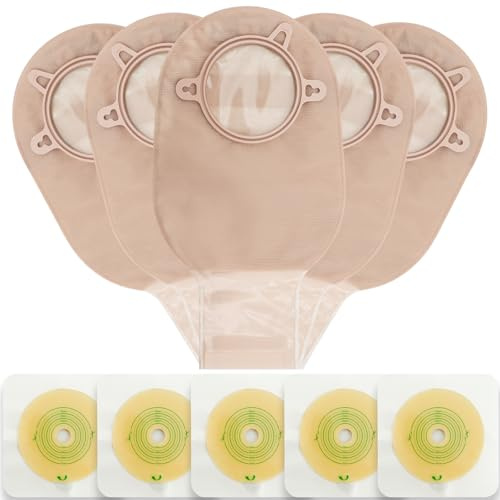 VLOOKUP 20 bolsas de colostomía, suministros de ostomía, bolsas drenables de dos piezas con cierre para el cuidado del estoma de la ileostomía, cortadas para ajustarse (15 bolsas + 5 barreras)