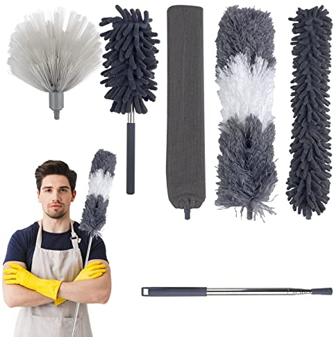 Avesteir 6 Pcs Plumeau Poussiere Telescopique 250 cm, Microfibre Lavable Plumeaux Tête Nettoyage Différentes, Plumeau Télescopique pour Ventilateur Plafond, Meubles, Voitures, Toile Araignée