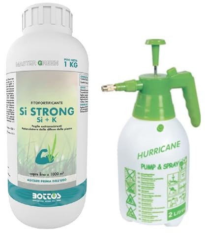Bottos Si STRONG, Fitofortificante per foglie extraresistenti del tappeto erboso, concime fertilizzante liquido con Silicio e Potassio potenziatore delle difese delle piante (1 Kg + Pompa))