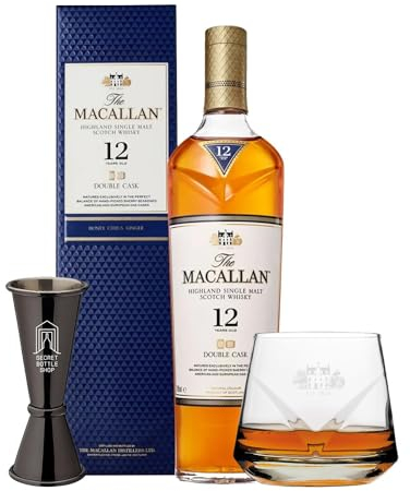 The Macallan 12 Years Old Double Cask & Glass, Jigger Set | Scotch | Highland | Single Malt Whisky | Toffee, Orange Peel and Spice | European and American Oak Sherry Seasoned Casks 70 cl