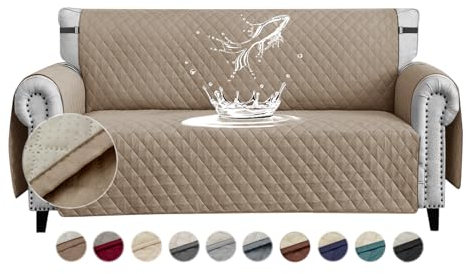 FIGOOO wasserdichte Sofabezug 2 Sitzer Dicke Sofaschoner Wasserdicht Gesteppte Sofa Überzug mit Seitentaschen Sofaüberwurf rutschfest Kratzfest für Haustiere Hunde Katzen,Khaki