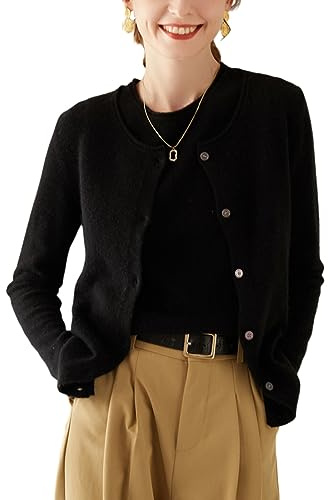 Valin Cardigan da donna in cashmere e lana, scollo rotondo, a maniche lunghe, con bottoni, sottile, in cashmere, VS344, Nero , 42