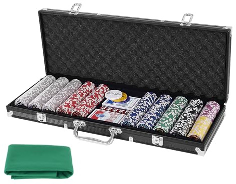 DREAMADE Set de Poker avec 500 jetons de Poker Laser & Valise en Aluminium & 2 Jeux de Cartes & 5 dés & 3 Boutons de Croupier & Nappe, Jeu de Poker Professionnel (Noir)