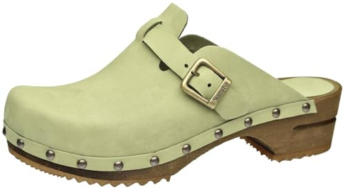 Sanita Kristel offener Clog | Original handgemacht | Leder-Holzclogs für Damen | Nachhaltige Sohle | Blattgrün | 40 EU