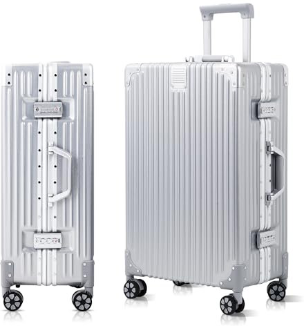 Aoliwei Koffer Handgepäck · Silber · Alu-Rahmen · Hartschalen in Polycarbonat · Trolley Reisegepäck · Reisekoffer mit 4 Doppelräder · TSA Zahlenschloss · M- 65cm