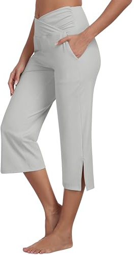 MoFiz Pantalón 3/4 Mujer Cintura Cruzada Slim Fit Stretch Leggings Pantalón de Deporte Yoga con Bolsillos