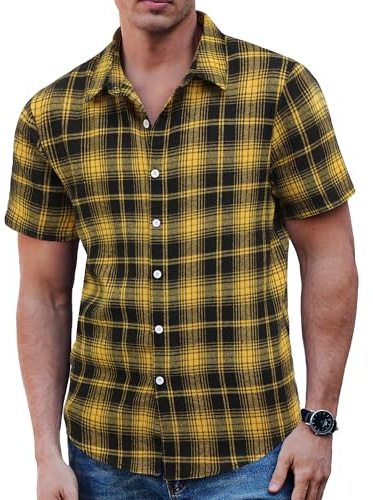 COOFANDY Camisa de hombre a cuadros de manga corta para el tiempo libre, corte regular, camisa informal