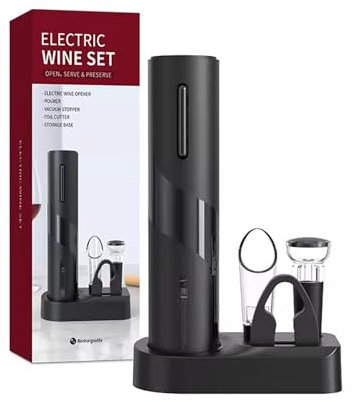 LETJUM Sacacorchos Eléctrico Para vino, Abridor Botellas de Vino USB Recargable 5 en 1 Juego, Abrebotellas Automático con Base, Cortador de Papel de Aluminio, Vertedor de vino y Tapón de Vino al Vacío