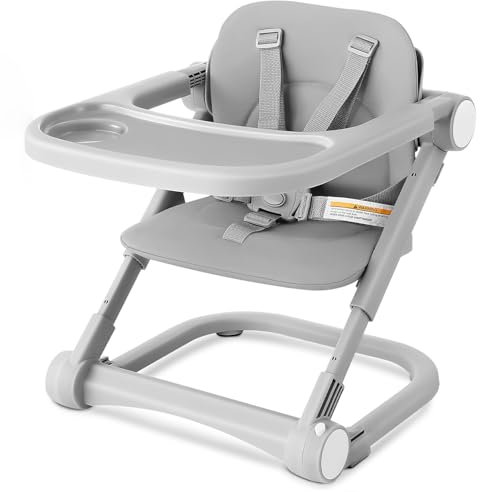 Sitzerhöhung Baby Tragbar Kinderhochstuhl Höhenverstellbar Reise Hochstuhl mit abnehmbarem Tablett, PU-Sitzpolster und 5-Punkt-Sicherheitsgurt Kinder Stuhl Booster (Grau)