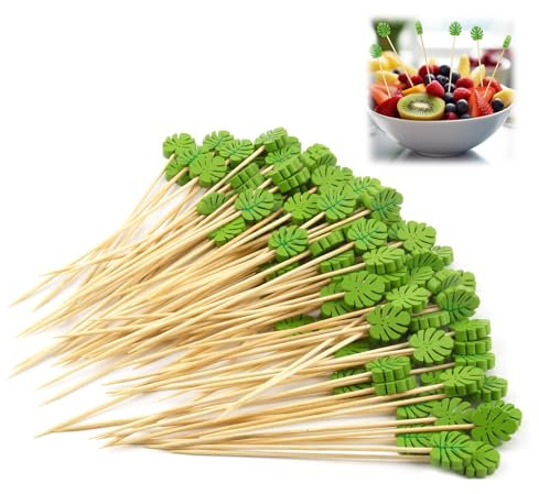 Cocktail Sticks Wooden, 100pcs Cocktail Picks for Food 12cm Toothpicks Food Picks Cocktail Decorations Wood Skewers for Appetizers Burger Sticks for Barbecue Snacks Sandwiches, Leaf Pattern