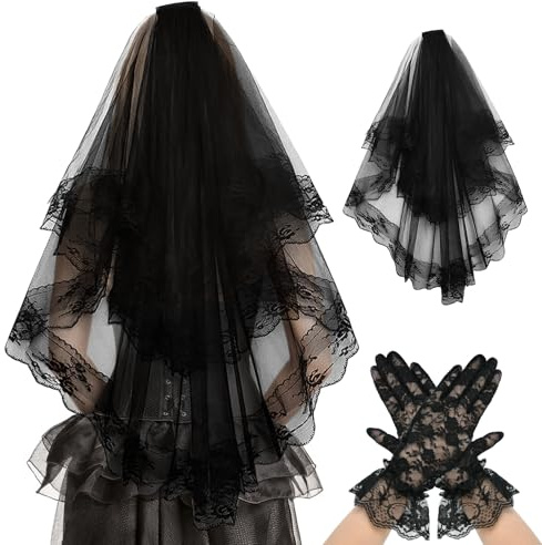 CHONGQILAO Velo da Sposa di Halloween Velo di Pizzo Nero, Guanti Corti in Pizzo Guanti da Sposa, Guanti Da Donna per Halloween, Carnevale, Matrimonio, Cosplay