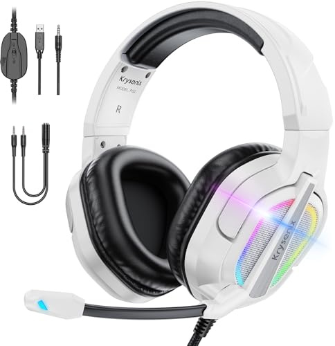 Krysenix PG2 RGB Gaming Headset für PS4, PS5, PC, Xbox,Switch,Ps5 Gaming Headset mit Mikrofon, Over-Ear Kopfhörer,Ps4 Kopfhörer mit 3,5mm Klinke,Strahlendes Weiß