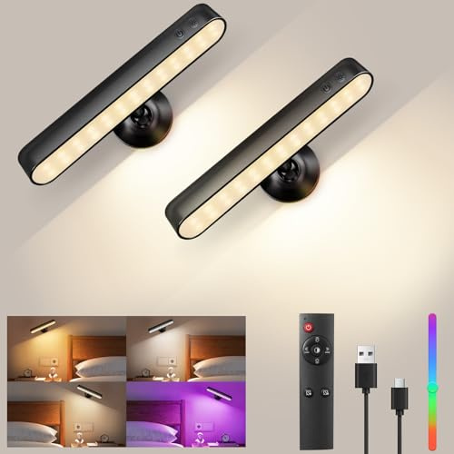 Liuyife Lampada Da Parete a LED Alimentata a Batteria, Applique per Camera Da Letto, Dimmerabile, Telecomando + Comando Touch, 3 Temperature Di Colore, 15 Modalità RGB, Rotazione a 360°, 2 Pezzi