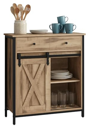 Aparador Relaxdays con Puerta corredera, HBT: 80 x 70 x 30 cm, 4 estantes, Mueble Auxiliar Cocina/salón, Natura/Negro