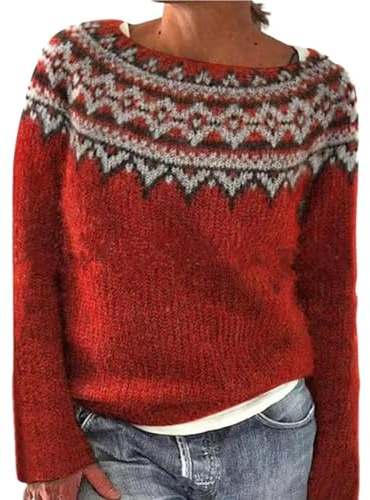 FlutVolt Suéter noruego de manga larga para mujer, suéter de punto cálido, casual, cuello redondo, suéteres de invierno, elegantes suéteres de algodón, cómodos suéteres noruegos para mujer, 23 Rojo, S