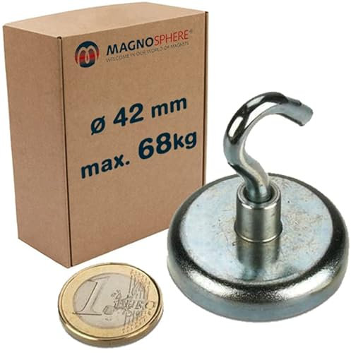 Aimant crochet magnétique Ø 42 mm Néodyme - Zingué - Force d'adhérence 68 kg - Aimants puissants en Néodyme (NdFeB) pour l'industrie et la maison