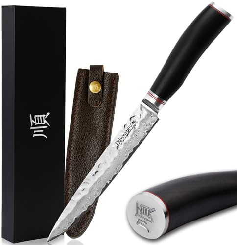 YOUSUNLONG Couteaux à découper 20,3cm Couteaux à trancher - japonais acier damas - Manche en bois de plomb naturel avec étui en cuir