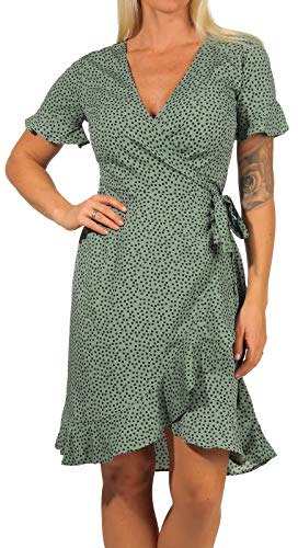 ONLY Damen Blusen Wickelkleid | Lockeres Midi Kurzarm Tunika Dress | Knielang mit Bindegürtel ONLOLIVIA, Farben:Grün-2, Größe:40