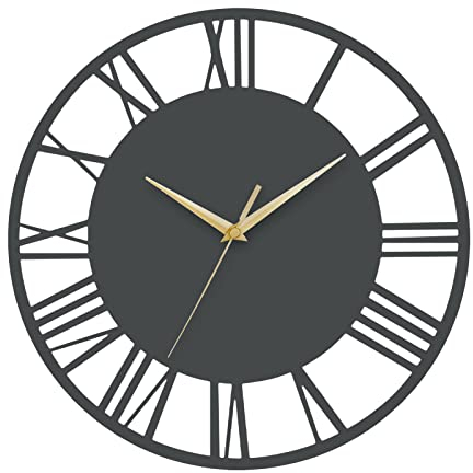 Warmiehomy Big Wall Clock 30cm Round Wall Clock Vintage Roman Numeral Silent Non-ticking Hanging Clock for Home Garden Office Restaurant Hotel Cafe Decoration, Grey, Gold Pointer