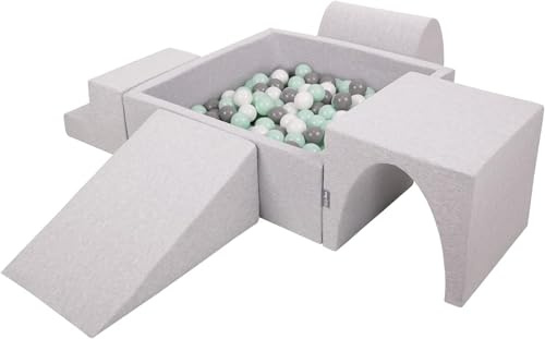 KiddyMoon Parque Infantil De Espuma con Cuadrada Piscina De Bolas (300 Bolas) para Niños, Gris Claro: Blanco/Gris/Menta