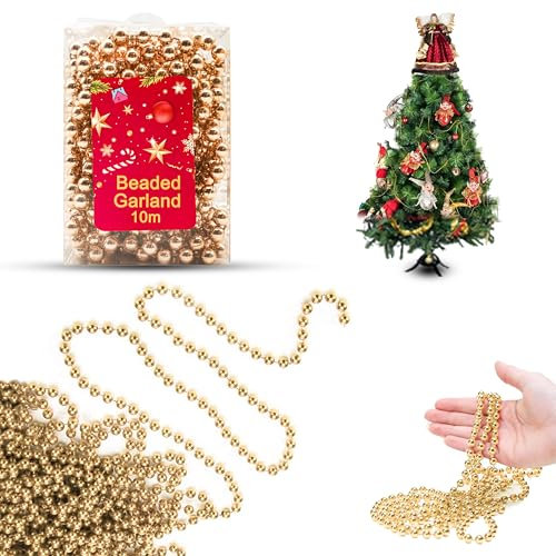 Rose Gold Beaded Garland for Xmas Tree 10M - Artificial Pearl Bead Chain for Xmas Hanging Ornaments, Garland Decor Supplies for Christmas, Valentine’s Day