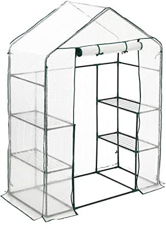 Relaxdays Gewächshaus, PE-Folie, HBT: 195x143x73 cm, 4 Ablagen, Foliengewächshaus begehbar, Garten, grün/transparent