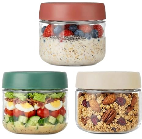 Povinmos 3Pack Overnight Oats Containers with Lids,10oz Glass Jar with Scew Lid,Salad Dressing Fruit Veggies Sauce Snacks Meal Prep Food Containers,Spice Jars,Wide Mouth Storage Containers