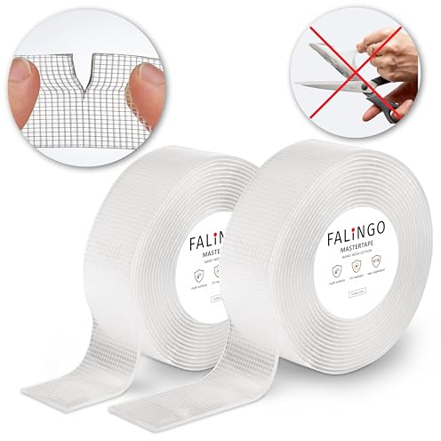 FALINGO Doppelseitiges Klebeband per Hand abreißbar Nano Tape wiederverwendbar extra stark Kleben statt Bohren transparent 2 Rollen (3 cm x 3 m)