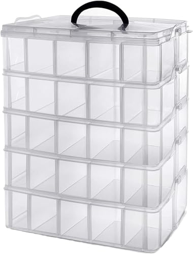 MSYU 5-Tier Stackable Plastic Storage Container Box with 50 Adjustable Compartments, Plastic Craft Organizer Case Tool Storage Container Bins for Jewelry Beads Arts and Crafts Beauty Supplies (Clear)